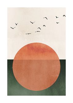 an orange circle with birds flying in the sky above it on a white and green background