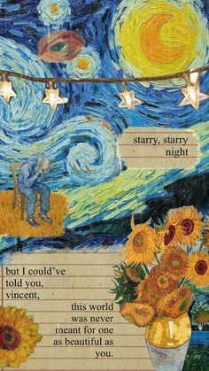 the starry night with sunflowers and stars above it is written in an old book