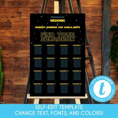 a black and yellow star wars wedding seating chart on a easel in front of a wooden wall