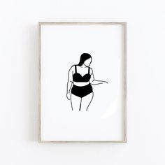 a black and white drawing of a woman in a bathing suit with her hand on her hip