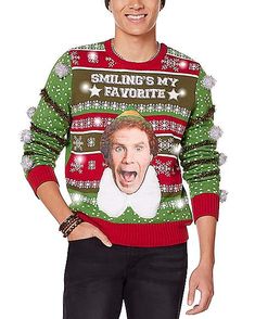 a man wearing an ugly christmas sweater with his mouth open