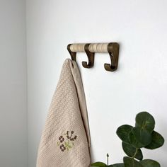 a towel hanging on the wall next to a potted plant and two wooden hooks