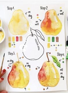 someone is painting some pears with watercolors