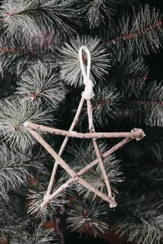 a wooden star ornament hanging from a pine tree