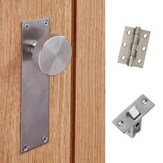 an image of a door handle and latch on a wooden door with two different types of hardware