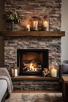 a living room with a fire place and candles