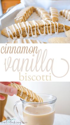 cinnamon vanilla biscotti is being drizzled with icing