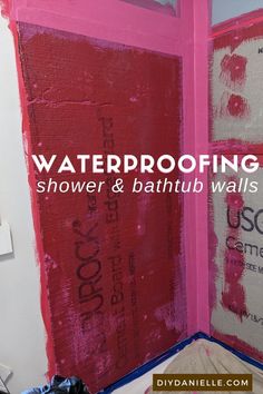 a bathroom with pink walls and the words waterproofing shower & bathtub walls