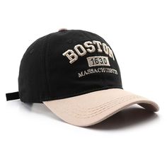 the boston baseball hat is black and tan