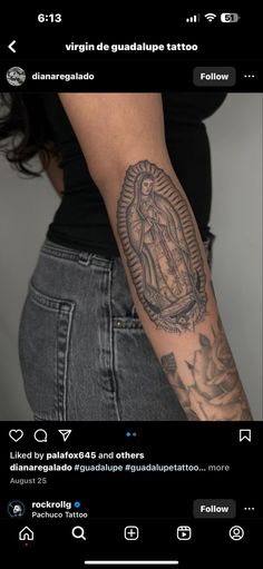 a woman's arm with a tattoo on it, and an image of the virgin mary