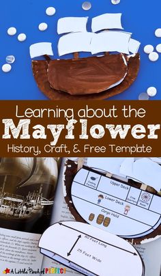 an open book with the title learning about the mayflower history crafts and free template