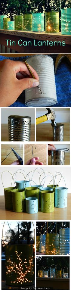 tin can lanterns are being used to decorate the trees and lights in this project for kids