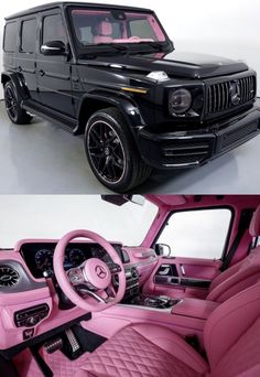 the inside and outside view of a pink mercedes g class