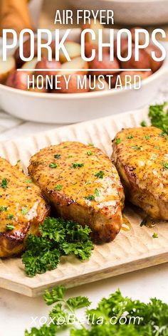 image of mustard pork chops Air Fryer Dijon Mustard Pork Chops, Pork Hops In Airfryer, Air Fryer Thick Pork Chops Boneless, Pork Loin Chops Recipes Air Fryer, Pork Chop Airfryer, Airfryer Boneless Pork Chops, Pork Chop Recipes Honey Mustard, Airfryer Pork Chops Boneless, Thick Pork Chops In Air Fryer