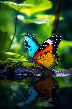 a colorful butterfly sitting on top of a green leaf covered forest floor next to water