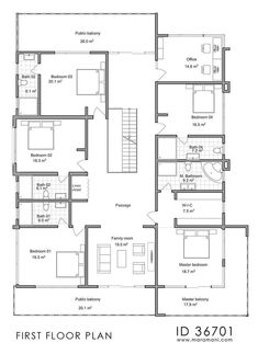 the first floor plan for a home with three bedroom and two bathrooms, including an office area