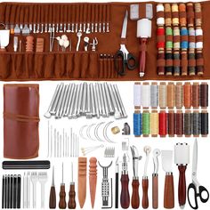 an assortment of sewing tools and accessories are shown in this image, including leather case