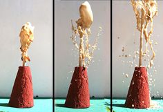 three different shots of the same object being made out of clay and sand, including an egg