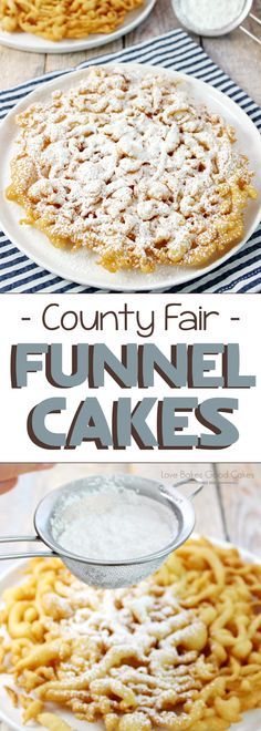 funnel cake with powdered sugar on top and the words country fair funnel cakes above it