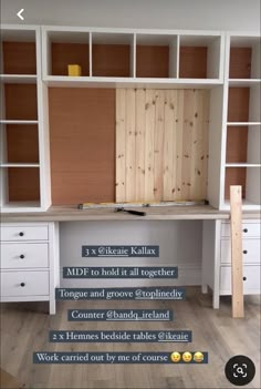 an office desk with built in bookcases and drawers