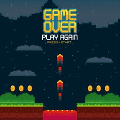 the game over title screen, with an image of a rocket in the background