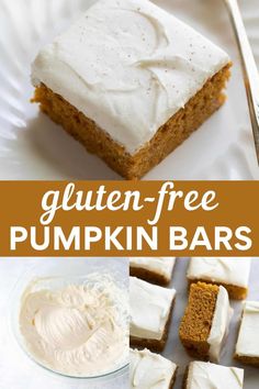 gluten - free pumpkin bars with cream cheese frosting on top and in the middle