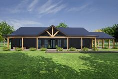 3 Bed Barndo-Style Home Plan with Oversized Wrap Around Porch - 533013FXD | Architectural Designs - House Plans Exposed Ceiling Beams, Exposed Ceiling, Vaulted Living Room, Barndominium Interior, Pocket Door, Barn Style House, Wrap Around Porch