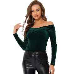 Allegra K Velvet Top For Women's Slim Fit Long Sleeve Off Shoulder Blouse Dark Green Large : Target Bandage Design, Women Work Blouse, Chiffon Tops Blouses, Velvet Blouse, Wearing Style, Velvet Blouses, Womens Business Casual, Beautiful Body, Summer Blouses