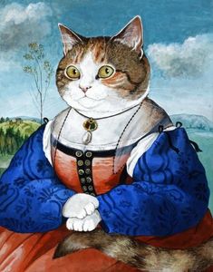 a painting of a cat wearing a blue dress