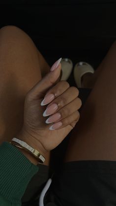 Oval Tips Nails, White Tip Nails Almond Shape, Shaped French Tip Nails, Black Feminine Nails, Aesthetic Almond French Tip Nails, Classy Girl Nail, Cute Almond French Nails, Natural Nail Ideas Almond, Acrylic Nail Designs For Work