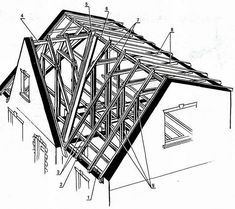 an architectural drawing of a house with the roof framing exposed and windows missing from it