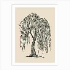 a black and white drawing of a tree with long leaves on it's branches