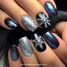 Snowflake Nails for Short Nails January Nail Designs Black, Winter Nails Silver Glitter, Short Square Winter Nail Designs, Almond Nails Snowflakes, Fun Gel Nail Designs, Sns Winter Nails Ideas, Happy New Year Nails Designs 2025, Navy Blue Nails With Snowflakes, Blue And Silver Snowflake Nails