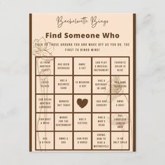 a card with the words find someone who on it and an image of a heart