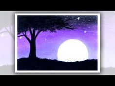 a painting of a tree with stars in the sky above it and a purple background