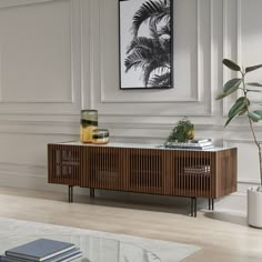 a living room with a plant on the sideboard