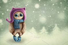 an owl wearing a winter hat and scarf standing in the snow with his eyes wide open