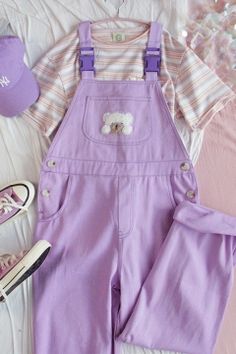 Purple Preppy, Unique Jumpsuits, Preppy Girls, Embroidered Pocket, Pastel Outfit, Suspender Pants, Kawaii Fashion Outfits, My Outfit