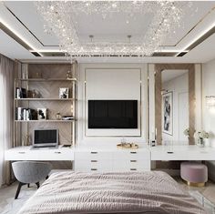 the bedroom is decorated in white and gold with lots of lights hanging from the ceiling