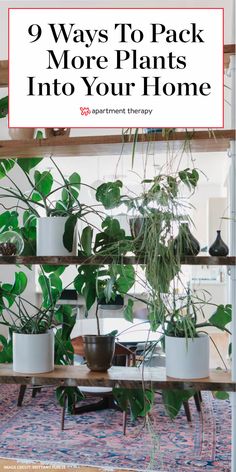 a shelf filled with potted plants on top of a blue rug and the words 9 ways to pack more plants into your home