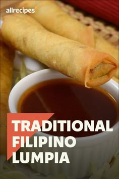 a plate with some food on it and the words traditional filipino lumpia