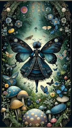 a painting of a blue butterfly surrounded by mushrooms and other things in the background with butterflies flying over it