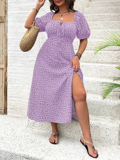 Plus Size Ditsy Floral Split Casual Summer Dress Mauve Purple Boho  Short Sleeve Fabric Plants,Ditsy Floral,All Over Print A Line Non-Stretch  Women Plus Clothing, size features are:Bust: ,Length: ,Sleeve Length: Lavender Dress Casual Plus Size, Mauve Dress, Vestido Casual, Casual Summer Dresses, Dress Plus Size, Ditsy Floral, Dress P, Plus Clothing, Boho Shorts