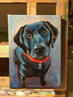 a painting of a black dog with a red collar sitting on top of a wooden chair