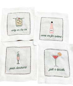 four embroidered cocktail napkins with drinks on them