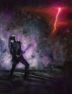 a painting of a man with a guitar in front of a lightning storm and birds