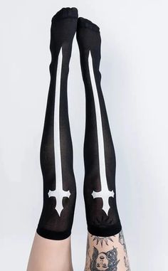 No guts no glory. Featuring a bold white gothic cross along the entire front, these sheer stockings will command attention wherever you go. Goth Diy Clothes, Hippie Crochet Patterns, No Guts No Glory, White Gothic, Street Goth