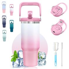 thermos and other items are shown with ice cubes, strawberries, toothbrushes, and more