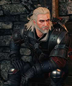 a man with white hair sitting on a bench in front of a brick wall wearing armor