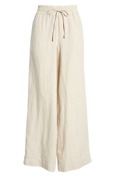 Crafted from lightweight linen, these tie-waist pants feature breezy wide legs for vacation-ready vibes. 30 1/2" inseam; 22" leg opening; 11 1/2" front rise; 17" back rise (size Medium) Elastic/drawstring waist Side-seam pockets 100% linen Machine wash, line dry Imported Fall Linen Pants, Elastic Linen Pants, Pants For Summer For Women, Linen Astethic, Cute Comfy Pants, High Waist Drawstring Pants, Casual Vacation Pants, Bohme Clothes, 7 Day Cruise Outfits